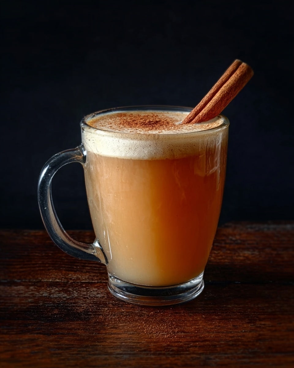 The image shows a clear glass mug filled with a warm, light brown drink topped with a layer of light foam sprinkled with fine cinnamon powder. A whole cinnamon stick rests on top, leaning against the glass rim. The mug sits on a dark wooden surface with a black background behind it. photo taken with an iphone --ar 4:5 --v 7