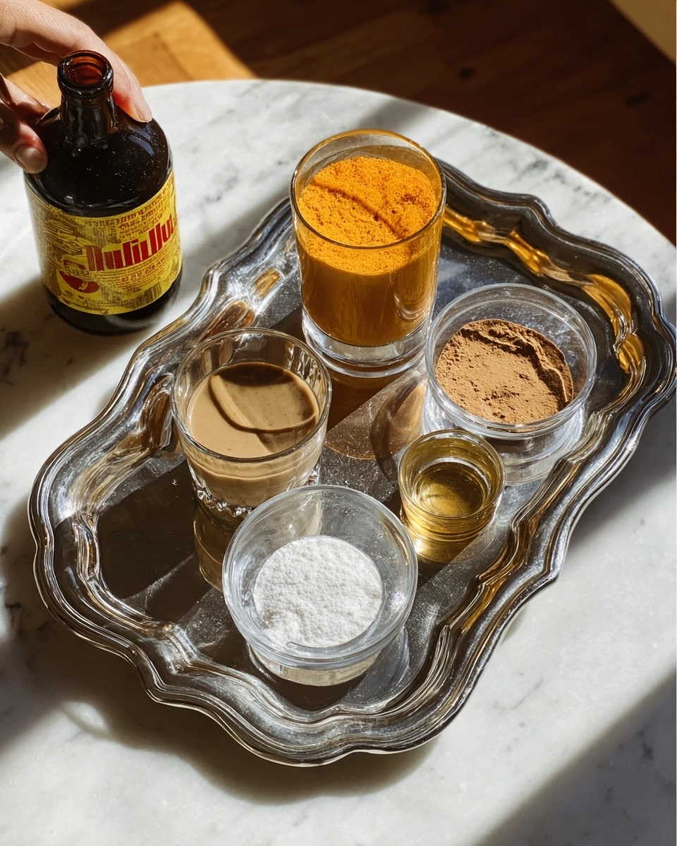 A shiny gold tray with a scalloped edge holds several items on a white marbled surface. There is a clear glass half full of cream with light foam on top, placed near the bottom left. Next to it is a full, tall clear glass with a thick orange drink filled to the top. A dark bottle with a colorful label stands upright on the left side of the tray. In the center is a rectangular chocolate bar with textured ridges, and next to it is a small white bowl filled with white cream. A small shot glass containing a golden brown liquid sits near the bottom right of the tray. Light and shadows fall softly across the scene, photo taken with an iphone --ar 4:5 --v 7