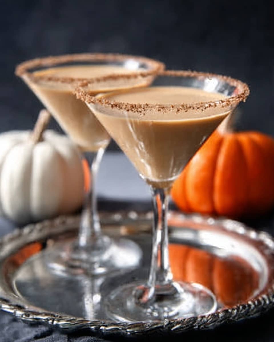 The image shows two clear martini glasses filled with a creamy light brown drink. Each glass has a thin layer of small brown crumbs or spice on the rim. The glasses are placed on a silver tray with a shiny, slightly reflective surface. Behind the tray, there is a white pumpkin and a small orange pumpkin, all set against a dark background. The overall scene is clean and elegant with a focus on the smooth texture and light color of the drink. Photo taken with an iphone --ar 4:5 --v 7