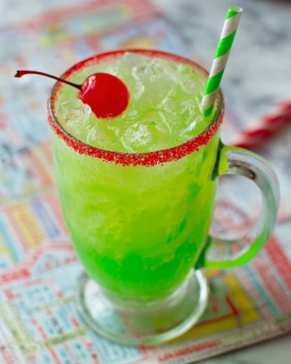 A clear glass mug filled with bright green liquid and ice cubes sits on a white marbled surface with colorful printed paper beneath it. The rim of the glass has red sugar coating, creating a vivid contrast with the green drink inside. On top, a red cherry with a long stem is placed near a green and white striped straw that stands upright in the drink. photo taken with an iphone --ar 4:5 --v 7