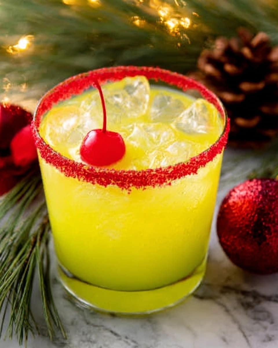 A bright yellow drink is served in a clear glass with large ice cubes. The rim of the glass is coated with red sugar crystals, adding a sparkling frame. On top of the drink, a small red cherry with a short stem rests, contrasting with the yellow liquid. The glass sits on a white marbled surface with some green pine leaves, a pine cone, and red ornaments blurred in the background, giving a festive feeling. photo taken with an iphone --ar 4:5 --v 7