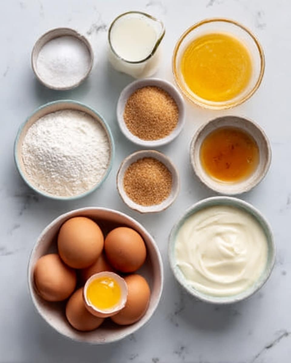 A set of small white bowls and a white bowl filled with baking ingredients arranged neatly on a white marbled surface. There is a white bowl filled with whole brown eggs with one cracked open showing a bright yellow yolk beside it. Other bowls contain white sugar, brown sugar, a light brown powder, clear golden honey, smooth white cream, and a glass filled with white milk. The bowls vary in size and shape but all are white. photo taken with an iphone --ar 4:5 --v 7
