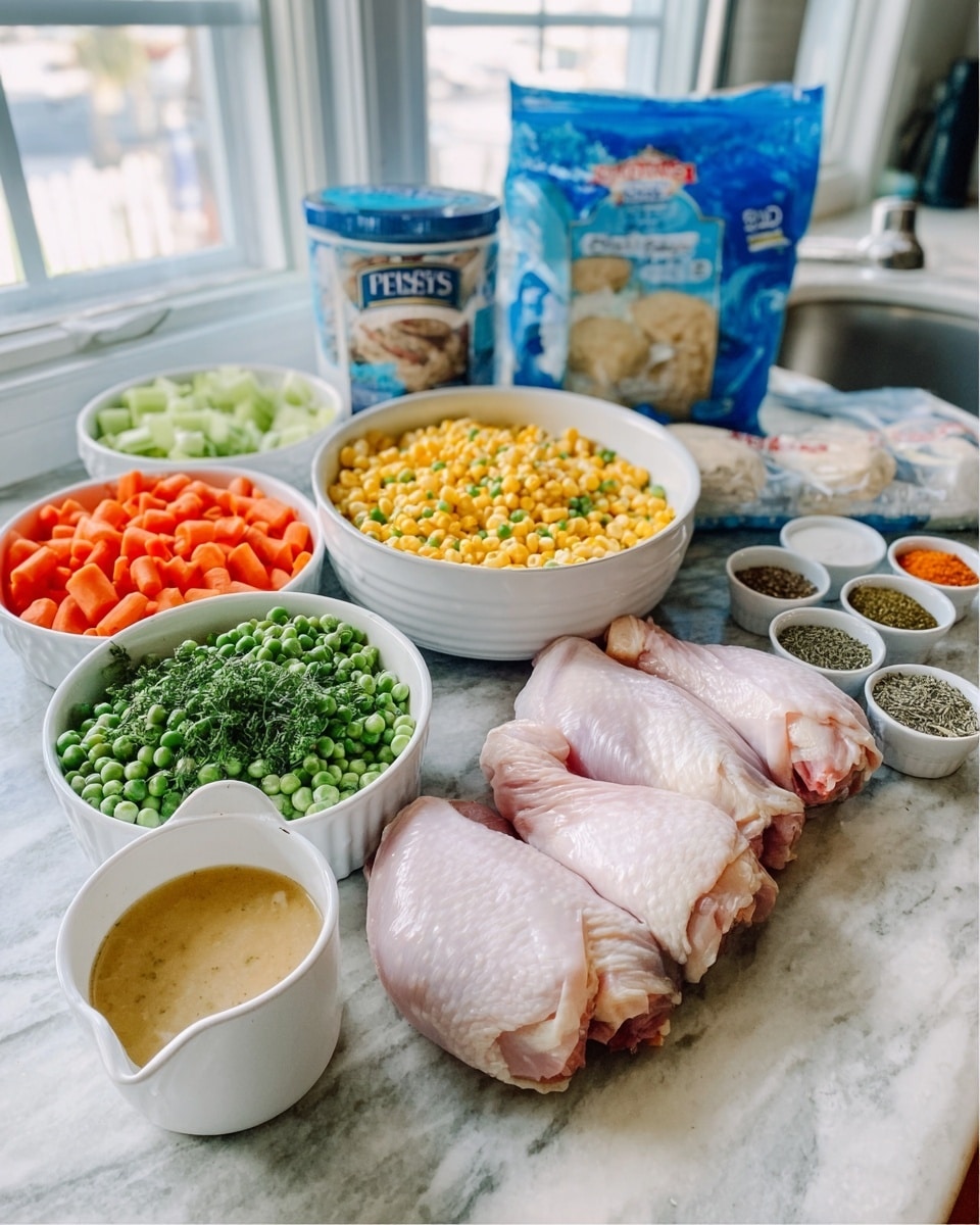 The image shows a white marbled kitchen counter with ingredients neatly arranged. There are two large silver metal bowls: one filled with chopped green vegetables and the other with yellow corn and green peas. Nearby is a white bowl containing chopped green herbs, and several raw light pink pieces of chicken placed directly on the counter. A box of refrigerated biscuit dough rolls is positioned near a small white bowl holding three types of spices in separate piles: red powder, brown powder, and a light beige powder. There is also a white small pitcher filled with a light brown liquid. A whole carrot and some fresh green parsley rest on the countertop near the bowls. The photo taken with an iphone --ar 4:5 --v 7