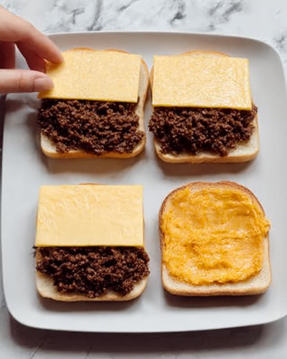 The image shows a white square plate with four sections of a sandwich being made. Two bottom slices each have a yellow cheese layer topped with a thick, dark brown ground meat layer with a crumbly texture. Two top slices are spread with a golden-yellow butter or spread and placed to the right side. The plate rests on a white marbled surface, and a woman's hand is visible reaching over the plate. Photo taken with an iphone --ar 4:5 --v 7