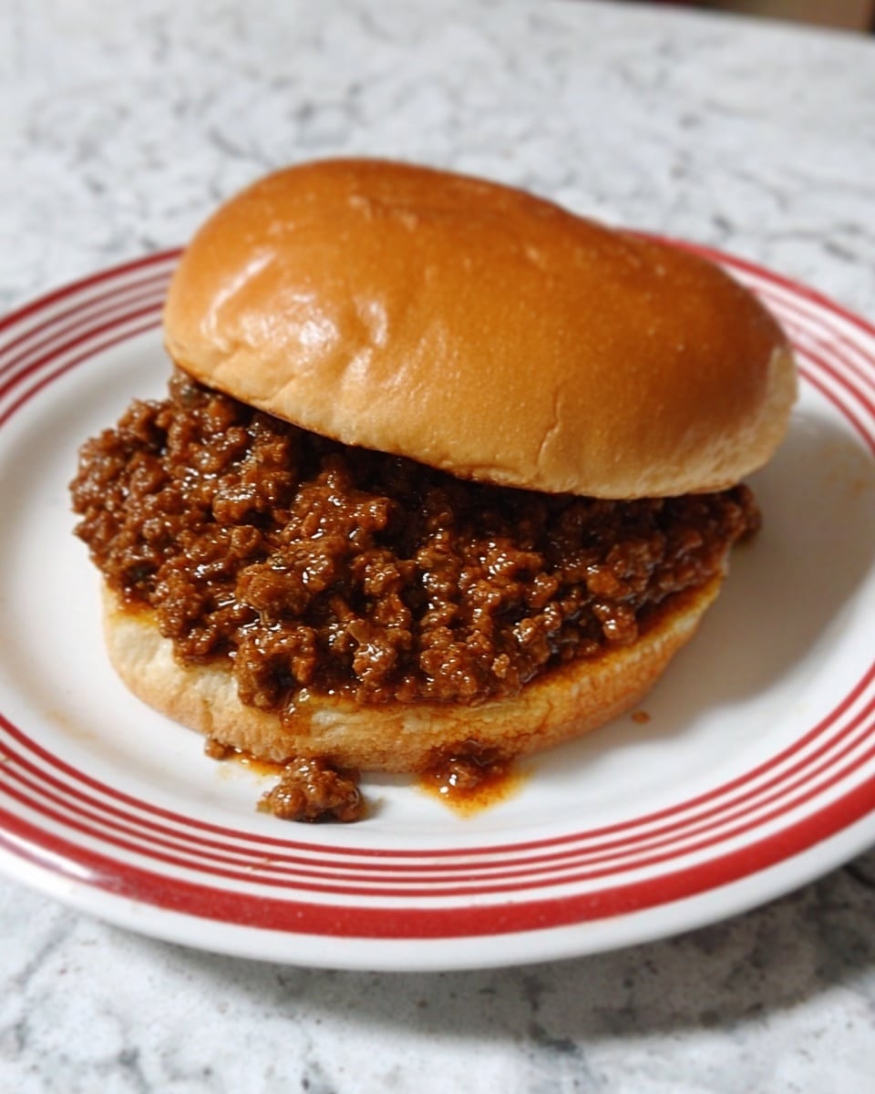 A sloppy joe sandwich on a white plate with red stripes, showing two layers: the soft, shiny light brown bun on top and bottom, and a thick, chunky layer of dark brown ground meat with sauce spilling over the edges in the middle. The plate sits on a white marbled background. Photo taken with an iphone --ar 4:5 --v 7