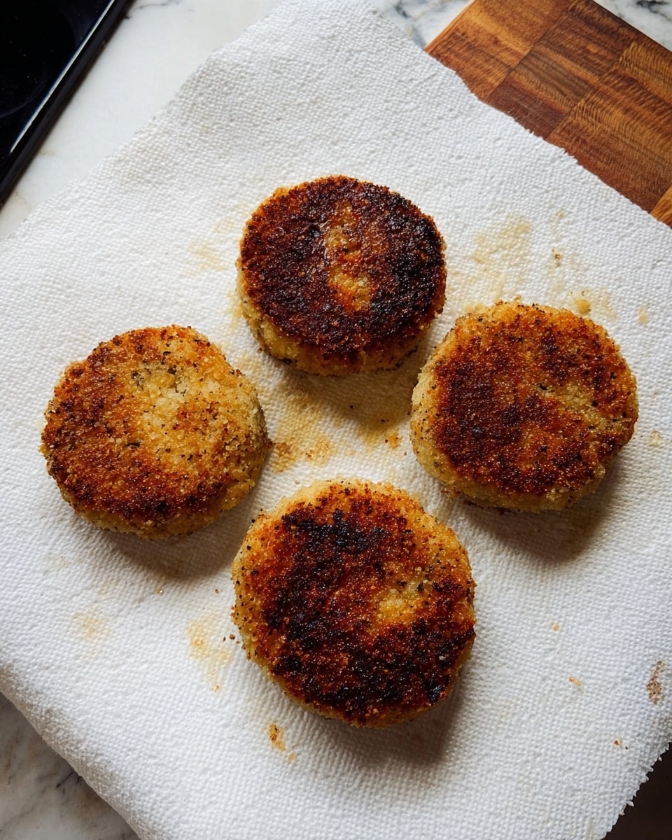 Four round, golden brown patties with a crispy texture are placed on a white paper towel that has absorbed some oil stains, set on a white marbled surface. The patties are evenly spaced, showing different shades of browning from dark to light on their crunchy crusts. The background includes parts of a wooden and black countertop. photo taken with an iphone --ar 4:5 --v 7