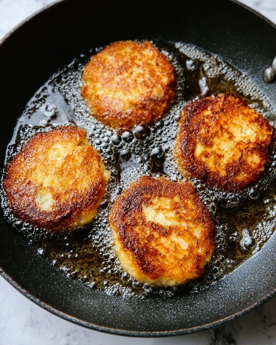The image shows four golden-brown patties frying in black oil inside a dark, non-stick pan. Each patty has an uneven round shape with a crispy, textured surface that looks slightly bubbly and crunchy around the edges. The patties float in hot oil with small bubbles, showing a rich frying process. The background is a white marbled surface. photo taken with an iphone --ar 4:5 --v 7