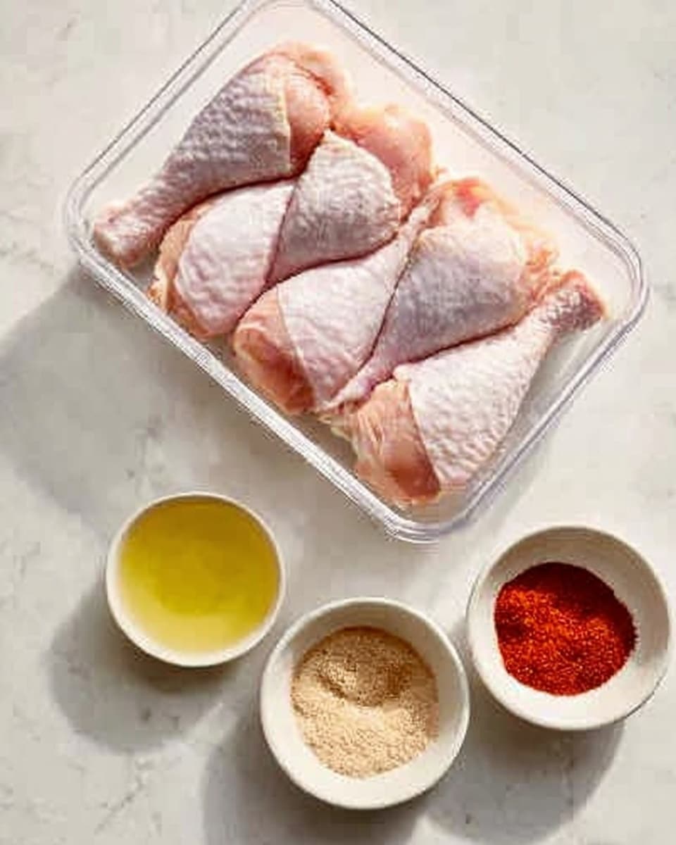 The image shows five raw chicken drumsticks neatly arranged in two rows inside a clear rectangular container on a white marbled surface. Below the container, there are two small white bowls. The left bowl contains a light yellow liquid, and the right bowl holds four different spices in separate sections—one bright red, one light brown, one beige, and one pale yellow. A woman's hand is not visible but implied to be ready to use these ingredients. The scene has bright natural light and a simple, clean setup. photo taken with an iphone --ar 4:5 --v 7