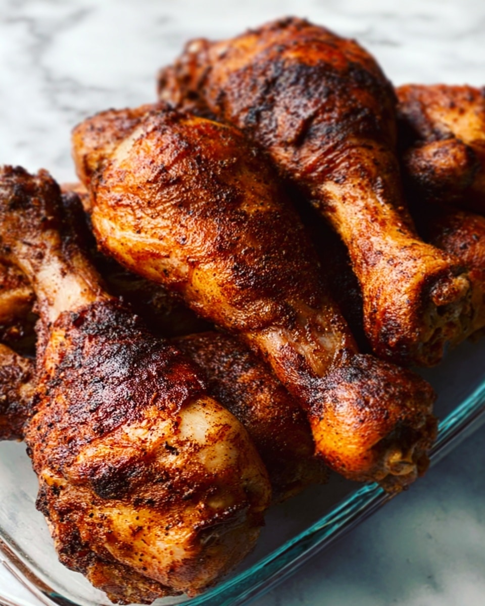 The image shows a glass tray filled with several cooked chicken drumsticks that have a dark brown, crispy skin. The drumsticks are stacked on top of each other, showing a rough, slightly charred texture. The tray sits on a white marbled surface with soft lighting that highlights the golden and darker shades on the chicken skin, giving a crispy and well-seasoned look. photo taken with an iphone --ar 4:5 --v 7