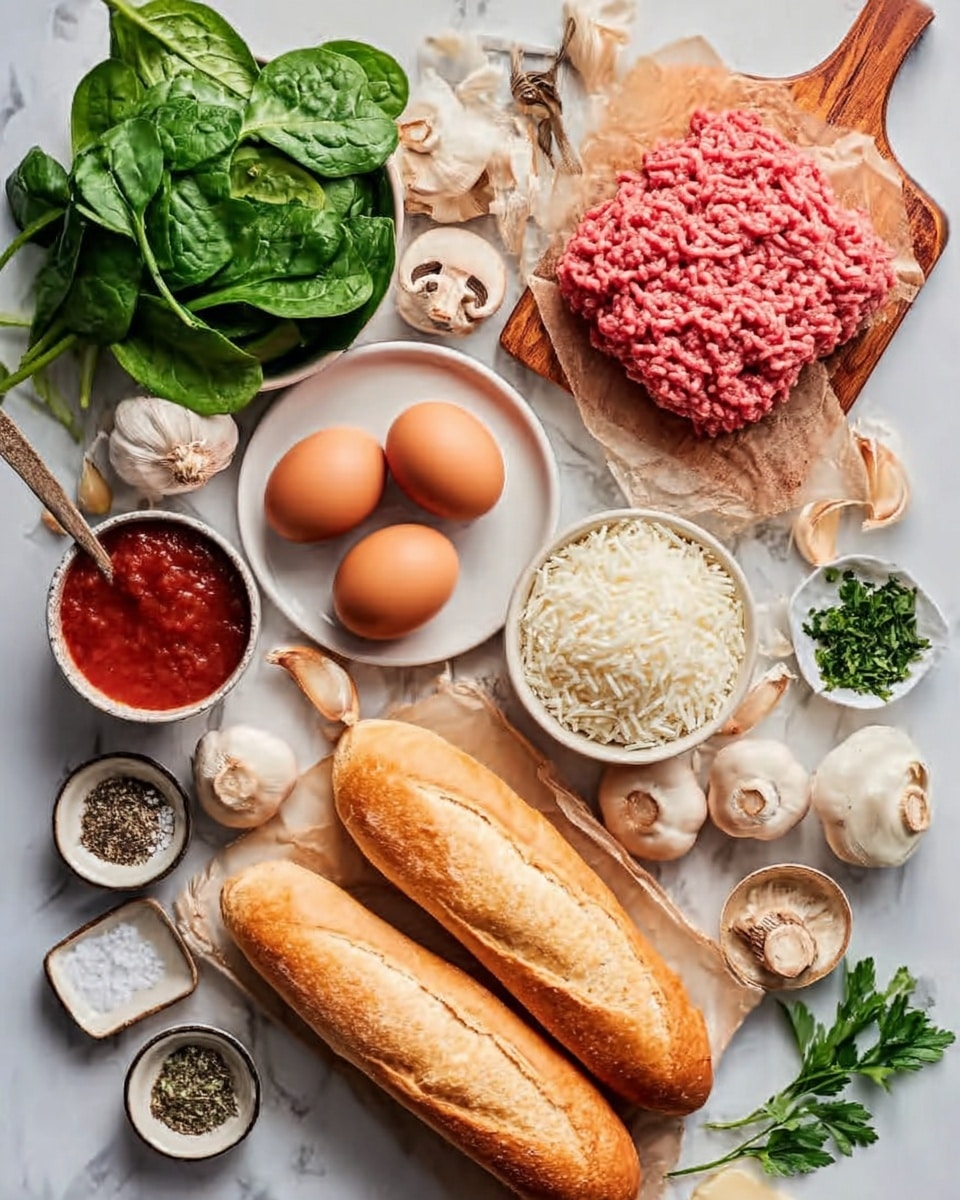 The image shows ingredients arranged on a white marbled surface. There are three long white cafe-style bread rolls in the lower part of the image. Above them are two brown eggs on a wooden board with scattered garlic cloves beside them. To the left is a bunch of fresh green spinach leaves. In the center left, there is a wooden board with a pile of raw, pink ground meat. Near the top right, there is a small white bowl filled with white rice next to a white bowl with red sauce. Fresh parsley, a whole onion, and some white mushroom slices are spread around the scene. There are also small bowls with salt, pepper, and herbs, adding more detail to the setup. The photo is taken with an iphone --ar 4:5 --v 7