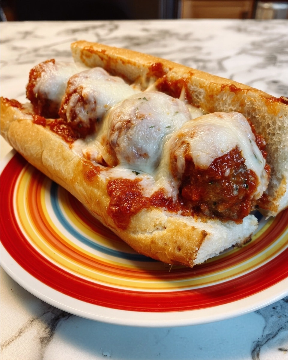 A long white sandwich bun is filled with three large meatballs covered in red tomato sauce with melted white cheese on top, some cheese slightly browned. The sandwich is on a white plate with colorful stripes in red, yellow, orange, and blue on a white marbled surface. The photo taken with an iphone --ar 4:5 --v 7