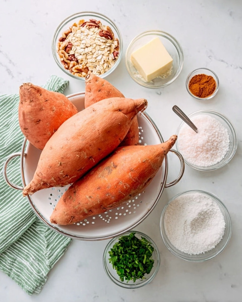 The image shows three whole sweet potatoes with orange skin placed in a white colander on a white marbled surface. Around the colander, there are small clear bowls containing different ingredients: one with a mixture of oats and nuts, one with cinnamon powder, one with a pale yellow butter piece, one with white flour with a spoon inside, one with chopped green herbs, and one with coarse salt. A green and white striped cloth is partially visible to the left side. The overall scene has a clean and simple look. photo taken with an iphone --ar 4:5 --v 7