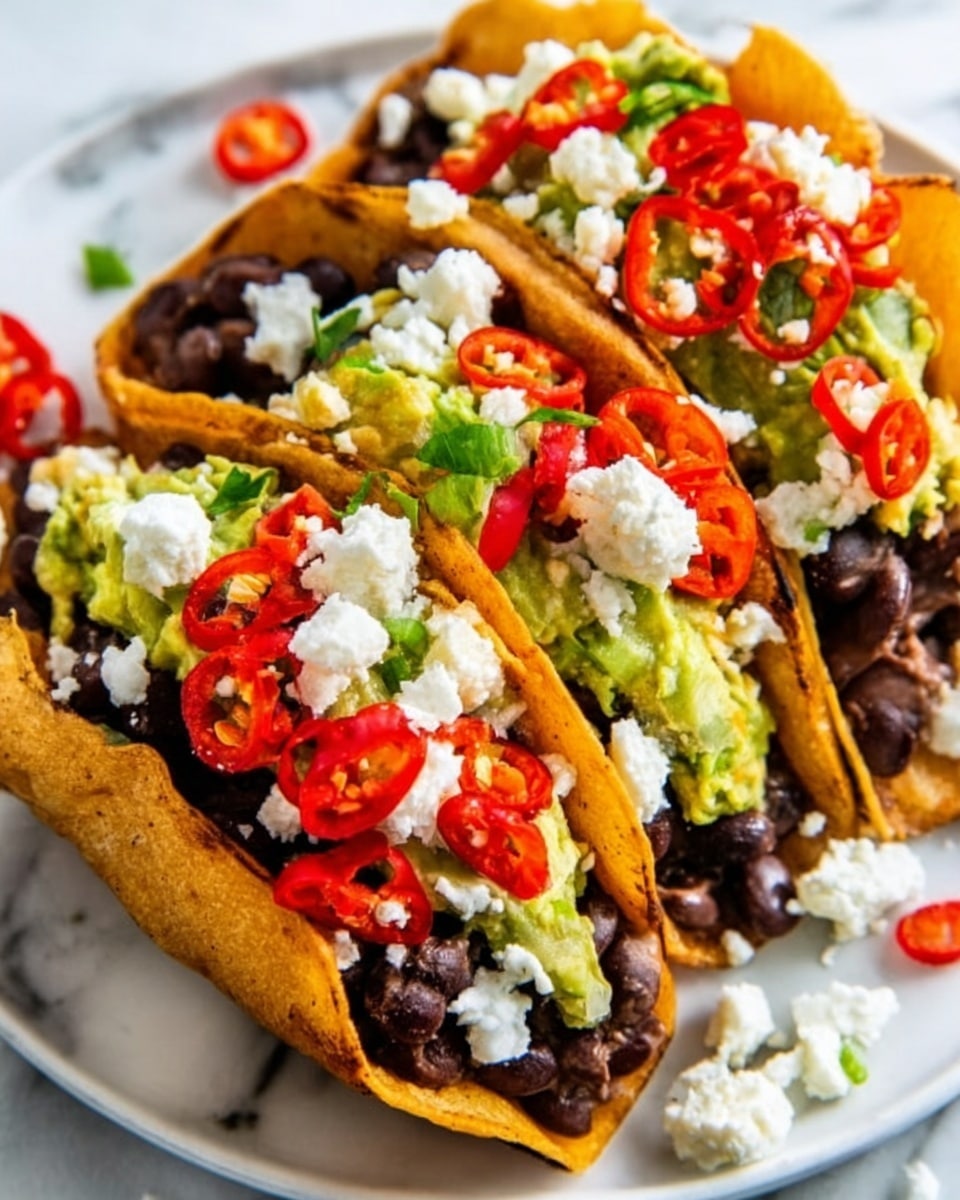 The image shows three soft taco shells filled with layers of ingredients on a white marbled surface. Each taco shell is golden brown and slightly folded, holding a base layer of black beans. On top of the beans, there is a layer of bright green mashed avocado, followed by slices of red chili peppers scattered around. White chunks of cheese are sprinkled over everything. The tacos are arranged close together on a white plate. Photo taken with an iphone --ar 4:5 --v 7