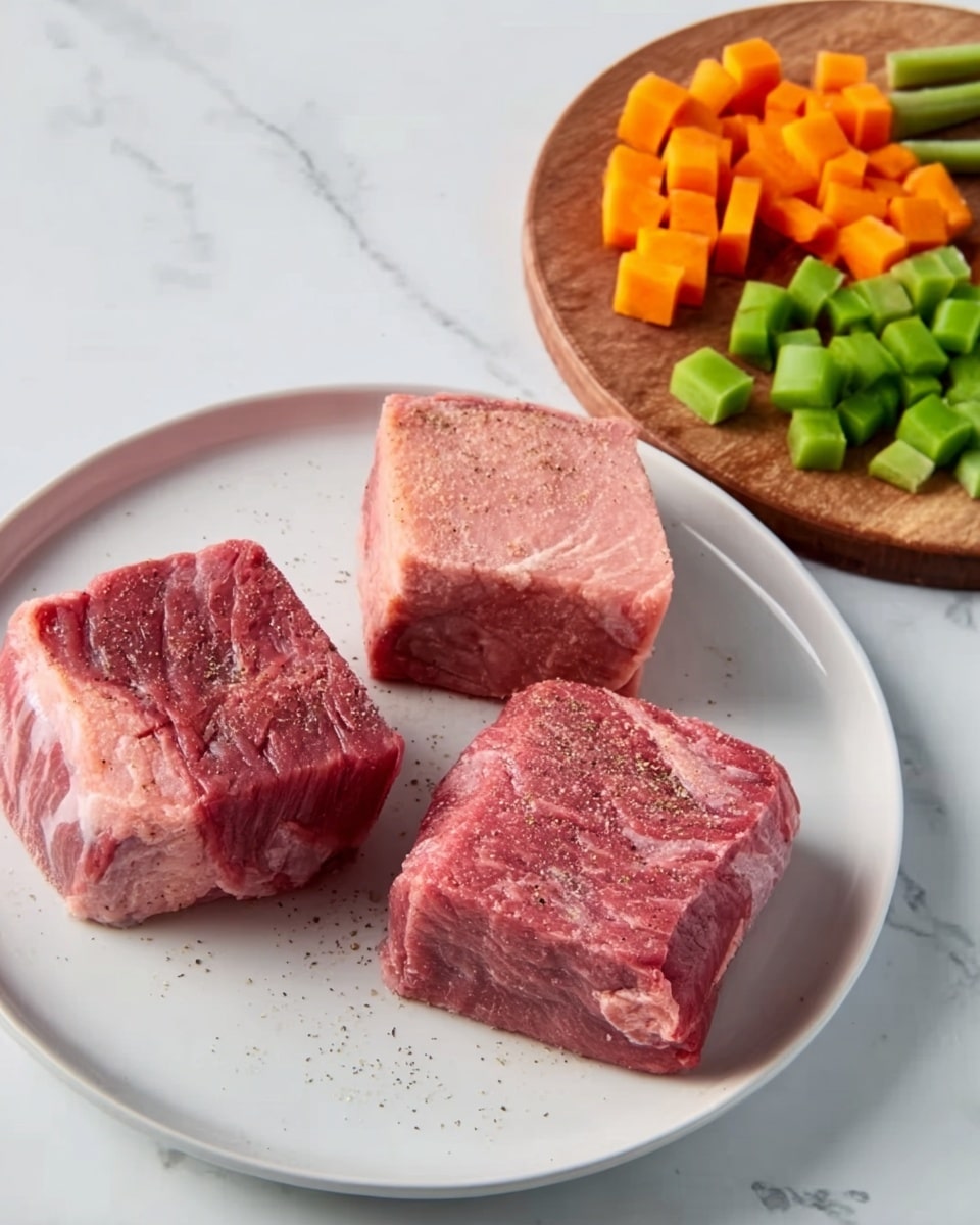 The image shows three thick rectangular pieces of raw meat with a pinkish-red color and some visible marbling placed on a white plate. The meat pieces have a slightly coarse texture with patches of fat and seasoning sprinkled on top. To the right of the plate, there is a round wooden board holding small cubes of orange and green vegetables. The background is a white marbled surface with subtle grey veins. photo taken with an iphone --ar 4:5 --v 7