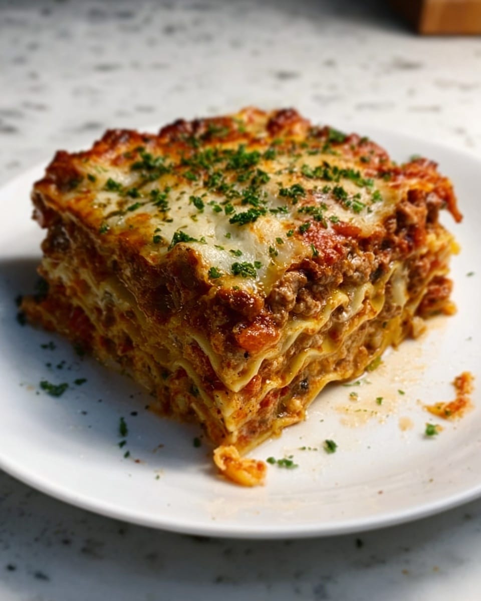 The image shows a thick square slice of lasagna on a white plate, set on a white marbled surface. The lasagna has many layers, with a golden brown cheese crust on top sprinkled with green herbs. Below that, you can see layers of soft, melted cheese mixed with tomato sauce and thin pasta sheets in a light yellow color. The edges of the lasagna slice look slightly crispy, and small bits of sauce and cheese are visible between each layer, giving it a rich and hearty look. Photo taken with an iphone --ar 4:5 --v 7