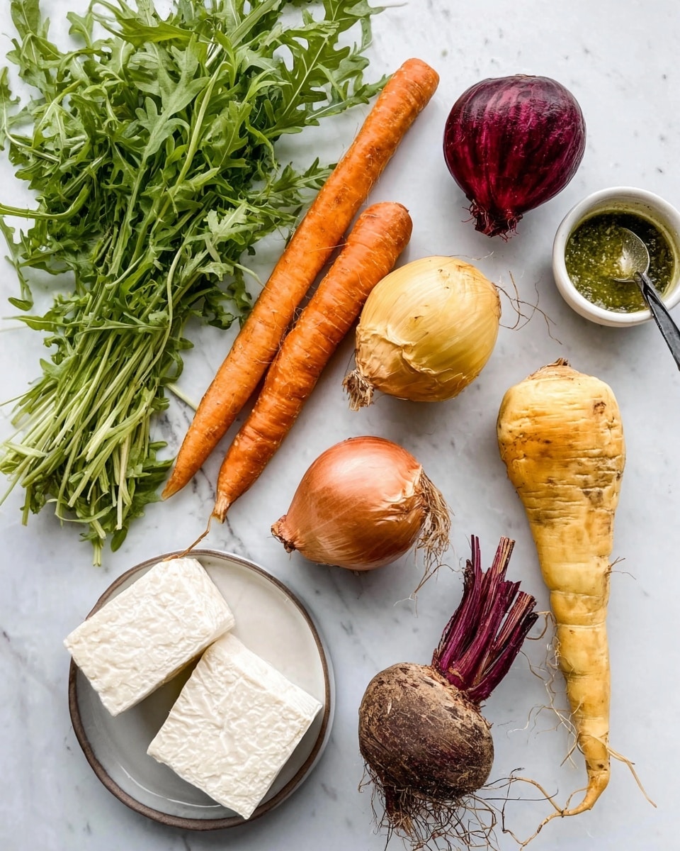 The image shows a white marbled surface with fresh vegetables and ingredients spread on it. There are two orange carrots and one light yellow parsnip, all whole and smooth. Nearby, there are three onions: one red, one yellow, and one dark reddish-brown with roots still attached. To the left, there is fresh green leafy arugula with a rough texture. At the bottom left, there is a white round plate holding two white rectangular blocks of cheese with smooth edges. In the top right corner, a small white bowl contains green sauce with a spoon inside. The colors are natural and fresh, with the white marbled surface brightening the image. Photo taken with an iphone --ar 4:5 --v 7