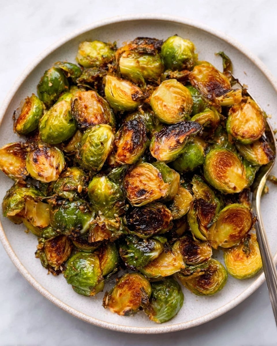 A round white plate filled with golden brown roasted Brussels sprouts, each showing a mix of crispy, slightly charred edges and softer green interiors. The sprouts are evenly spread across the plate, with some pieces looking bright green while others have a toasted caramelized surface. The texture looks crunchy on the outside and tender inside, with small dark spots from roasting. The background is a white marbled surface. photo taken with an iphone --ar 4:5 --v 7