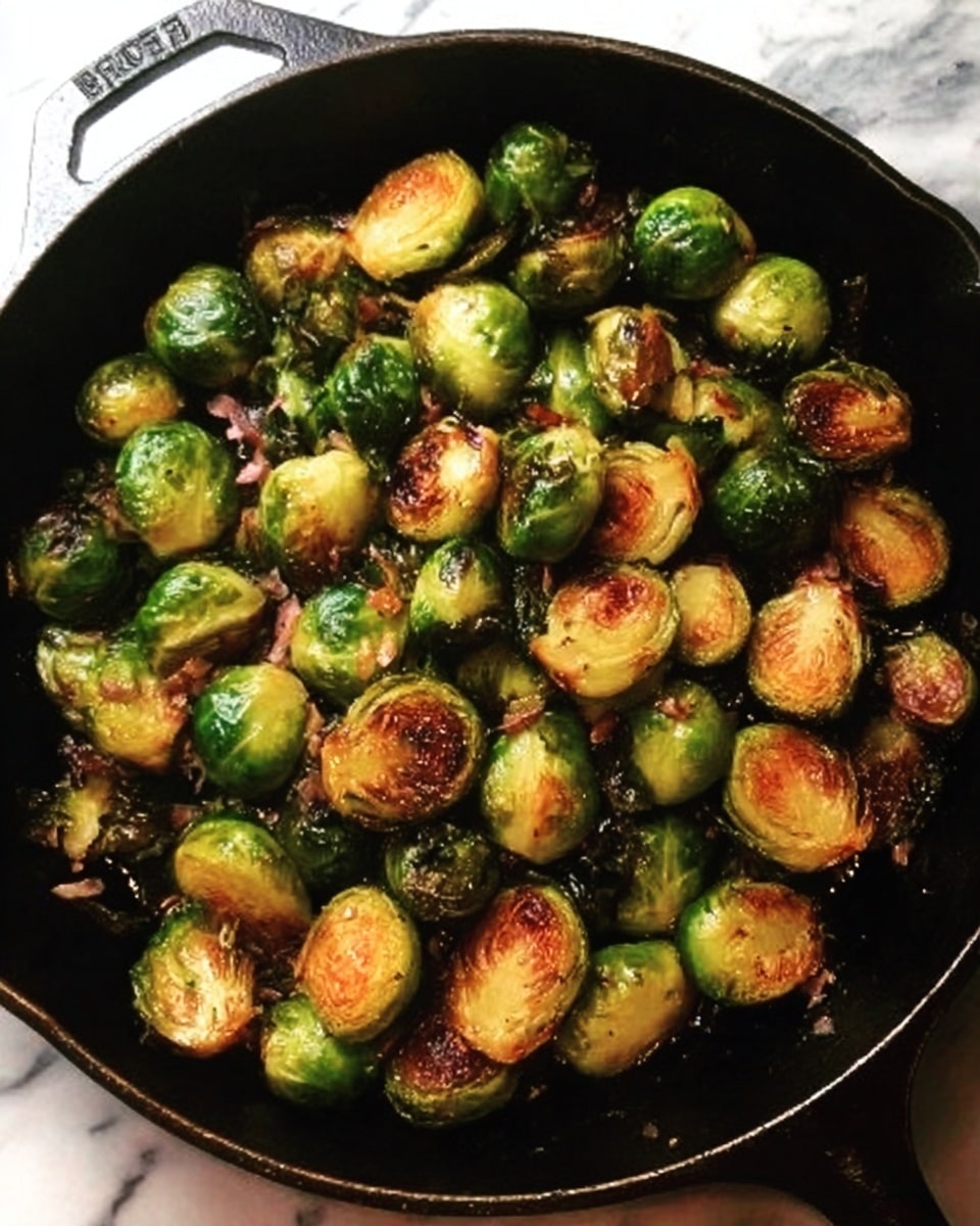A black cast iron skillet filled with golden-brown roasted Brussels sprouts, some edges slightly charred and crispy. The Brussels sprouts are cut in half, showing bright green interiors with a caramelized outer layer. The skillet rests on a white marbled surface, highlighting the warm tones of the roasted vegetables. photo taken with an iphone --ar 4:5 --v 7