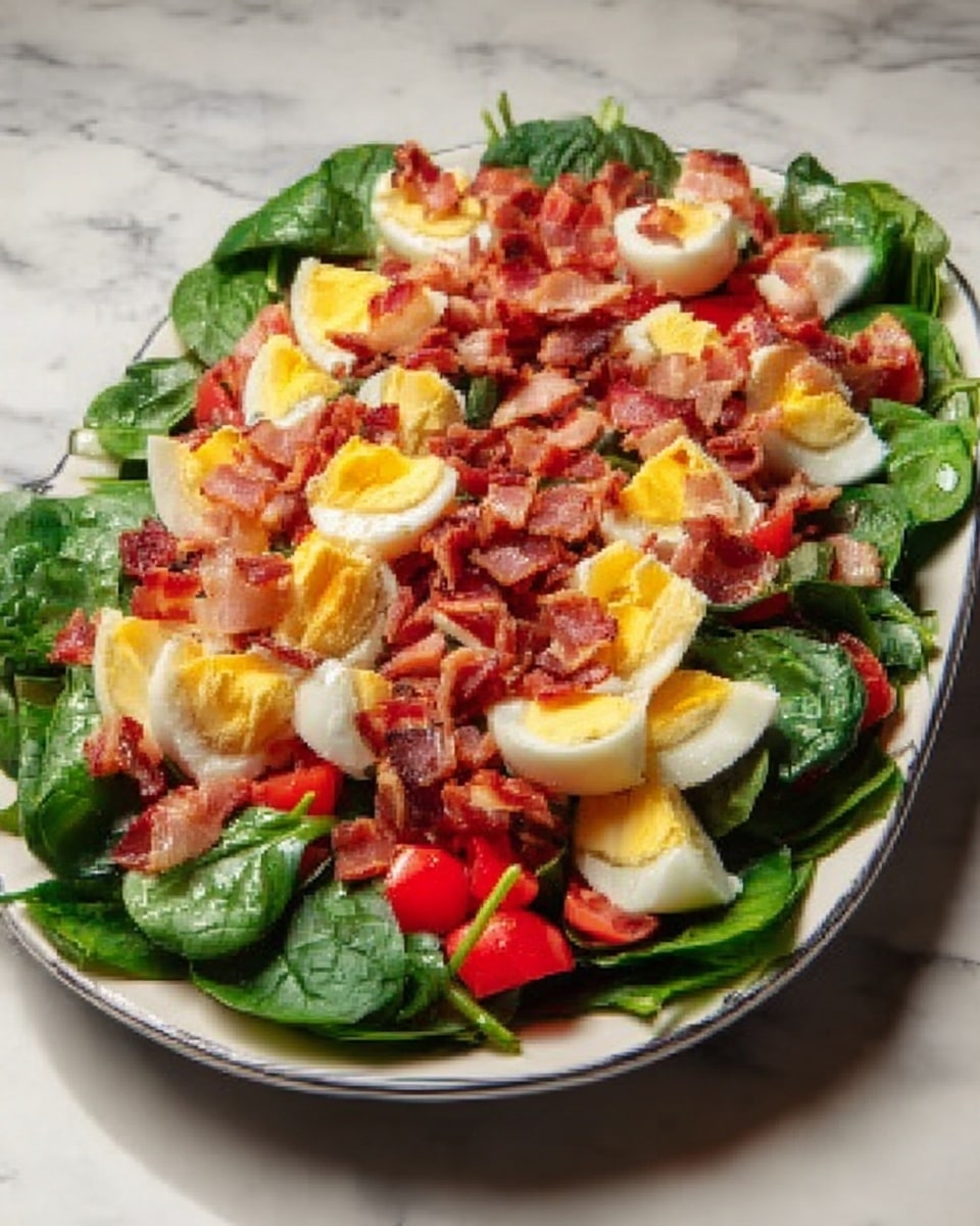 The dish shows a white oval plate filled with a fresh salad. The bottom layer is bright green spinach leaves spread evenly. Above the spinach, there are evenly placed slices of light beige boiled eggs with bright yellow centers. On top of the eggs and spinach, small chunks of reddish-brown cooked bacon are scattered all over, adding a crispy texture. Bright red tomato pieces are mixed with the bacon, adding fresh color and juiciness. The salad is arranged neatly with the ingredients clearly visible. The plate is set on a white marbled surface. photo taken with an iphone --ar 4:5 --v 7