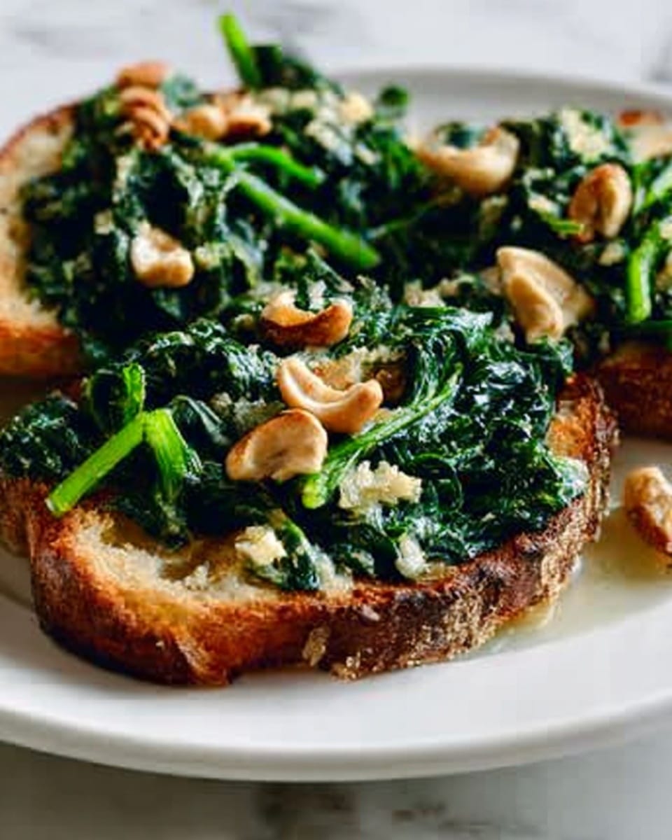The dish shows two pieces of thick sliced toast topped with cooked spinach that looks soft and dark green. Scattered on top are several small, light brown cashew nuts adding texture. The toast is spread unevenly with the spinach mixture, and the bread looks crispy with some crusty edges. All of this is served on a clean white plate with a white marbled surface in the background. photo taken with an iphone --ar 4:5 --v 7