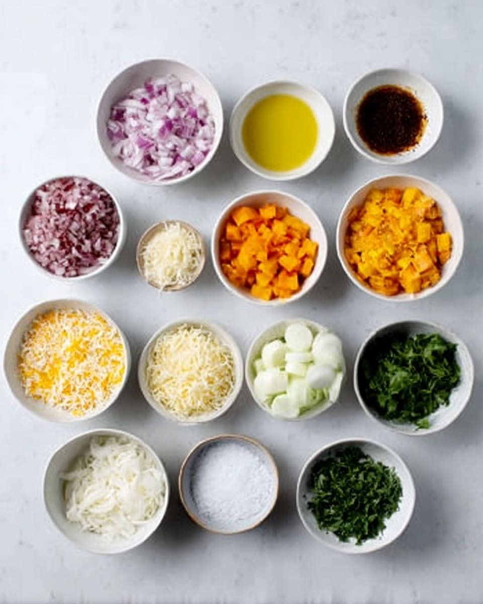 A white table holds 11 small white bowls arranged neatly in a grid. Each bowl contains a different cooking ingredient: one with chopped red onions, another with dark brown powder, a third with yellow oil, one filled with orange diced vegetables, a bowl of chopped white cheese, another with shredded yellow cheese, a bowl with small white round slices, a white bowl with green leafy herbs, one with a white creamy paste, a bowl of finely chopped green herbs, and a small bowl with white salt. The scene has a white marbled background. Photo taken with an iphone --ar 4:5 --v 7