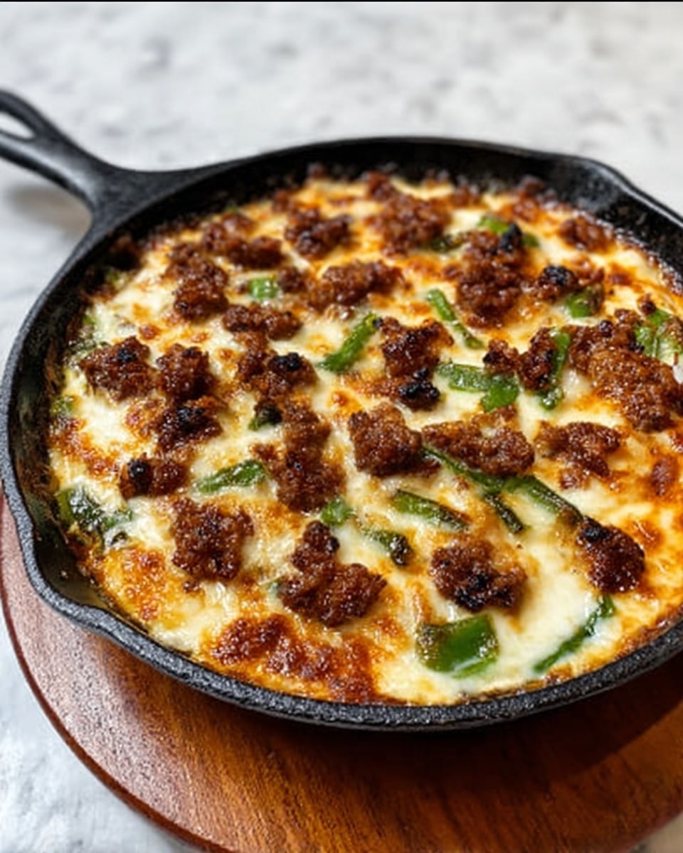 The image shows a close-up of a black cast iron skillet filled with a baked dish that has a creamy white cheese layer melted on top. Small chunks of browned, crumbly cooked meat are scattered evenly over the cheese layer. Underneath, small pieces of green vegetables are visible through the cheese. The skillet is placed on a wooden surface, which is positioned on a white marbled background. photo taken with an iphone --ar 4:5 --v 7