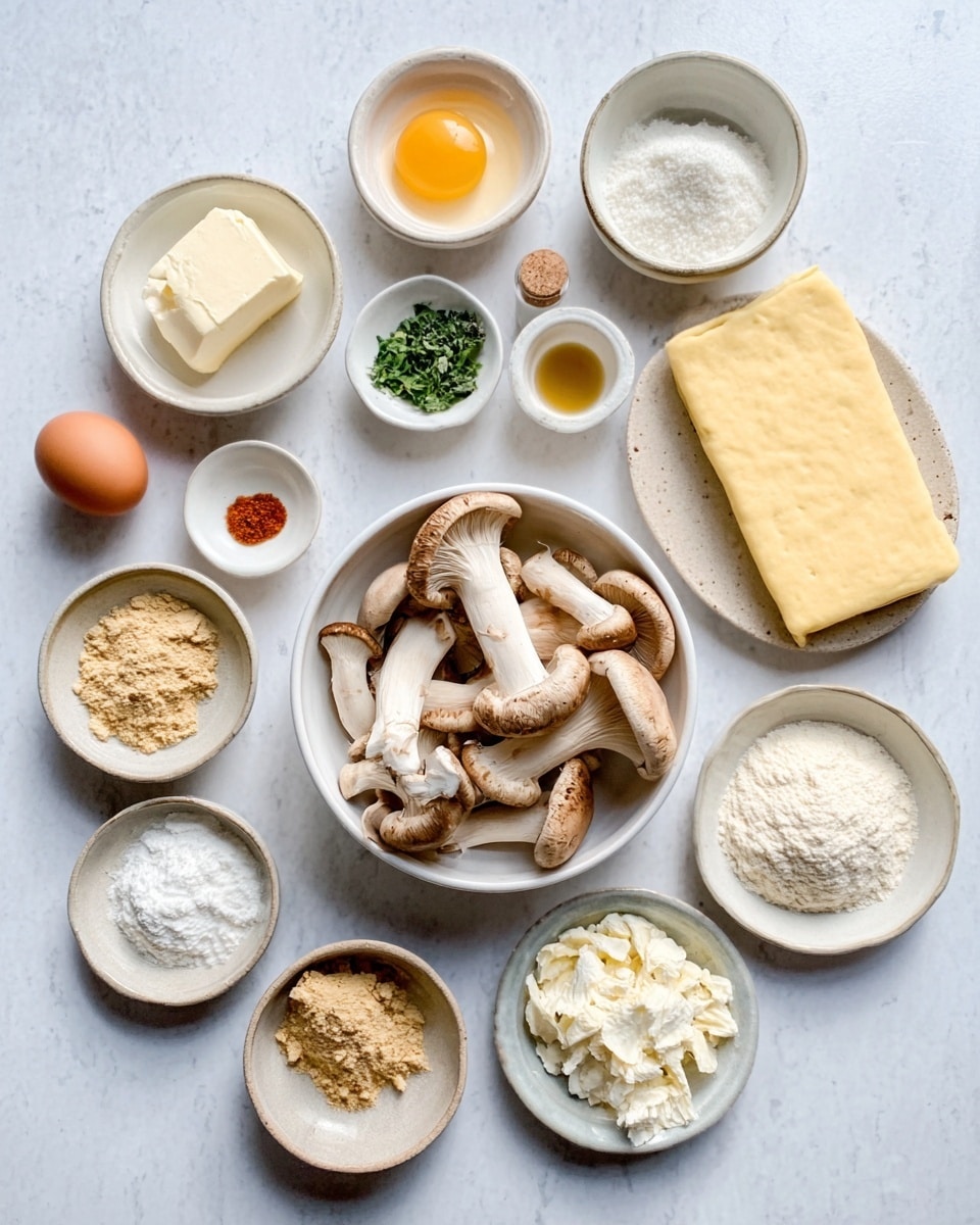 The image shows small white bowls arranged in a circle on a white marbled surface, each holding different cooking ingredients. There is one egg, one small cube of butter, various powders and spices in soft beige and brown shades, small amounts of clear and golden liquids, and chopped green herbs. In the center, a white bowl is filled with a group of mixed mushrooms, mainly light brown and beige, showing smooth and textured caps. To the right, on a white plate, lies a neat rectangular sheet of pale yellow dough. The whole setup looks clean and organized, with soft natural lighting. photo taken with an iphone --ar 4:5 --v 7