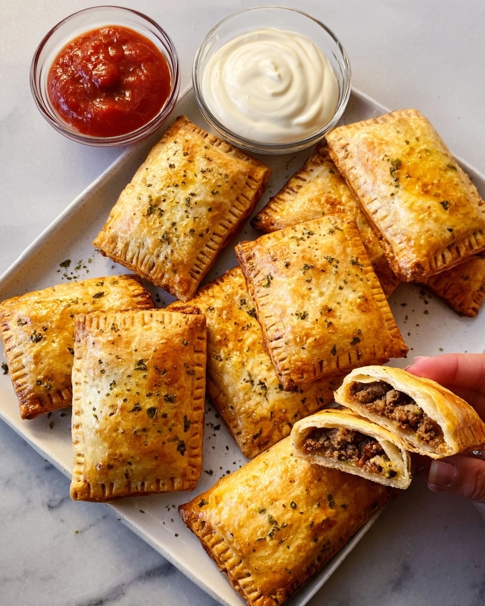The image shows a white square plate on a white marbled surface, filled with eight golden-brown rectangular pastry pockets, some whole and some torn open to reveal a warm filling inside. The pastries have a textured, flaky outer crust with a slight shine and small green seasoning flakes sprinkled on top. On the left side of the plate, there are two small clear glass bowls, one filled with bright red sauce and the other with creamy white sauce. A woman's hand is holding one torn pastry in the middle of the plate. Photo taken with an iphone --ar 4:5 --v 7