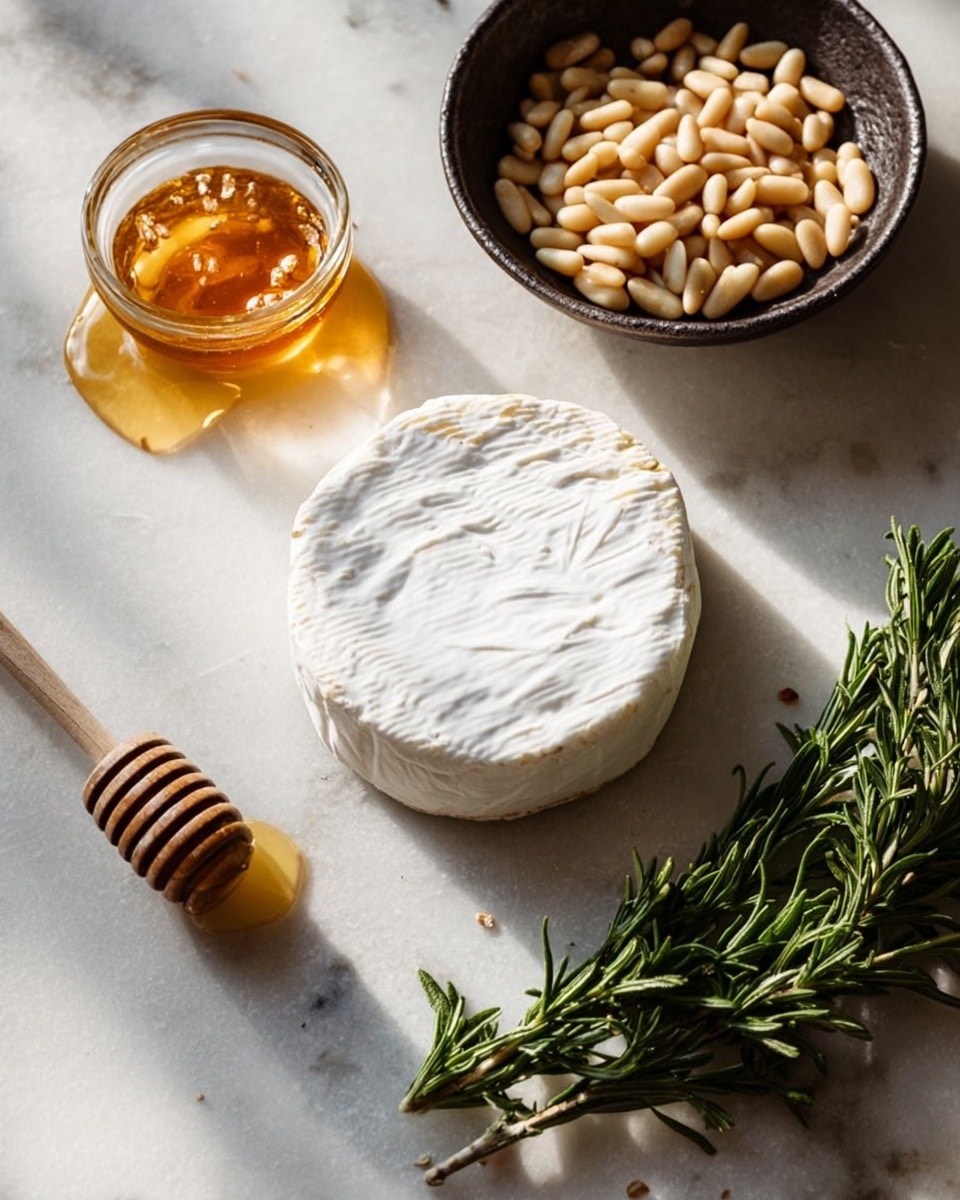 A round wheel of white cheese with a smooth textured top sits on a white marbled surface near a small round bowl filled with pale yellow pine nuts. To the left of the cheese is a small round clear glass bowl of golden honey with a wooden honey dipper inside. On the right side of the frame is a small bundle of fresh green rosemary sprigs. The overall setting has soft natural light casting gentle shadows. Photo taken with an iphone --ar 4:5 --v 7