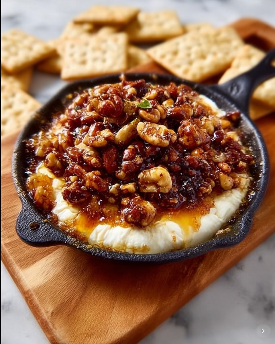 A small black skillet holds a creamy white cheese base with a smooth texture as the bottom layer, slightly melted and bubbling at the edges. On top, there is a chunky layer of mixed nuts, including almonds and walnuts, coated in a sticky, glossy amber-colored caramel or honey glaze. The nuts have a rough, crunchy texture, and they are piled generously, covering most of the cheese layer but leaving a small spot where melted cheese peeks through. The skillet sits on a light wooden board with square crackers placed around it, all on a white marbled surface. Photo taken with an iphone --ar 4:5 --v 7