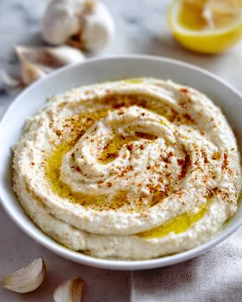 A white bowl filled with creamy hummus swirled in a thick layer with soft, smooth texture. The top has a drizzle of golden olive oil pooling in the center, sprinkled lightly with ground spices that add a warm brown color contrast. The bowl sits on a white marbled surface with some garlic cloves and a lemon wedge blurred in the background. Photo taken with an iphone --ar 4:5 --v 7