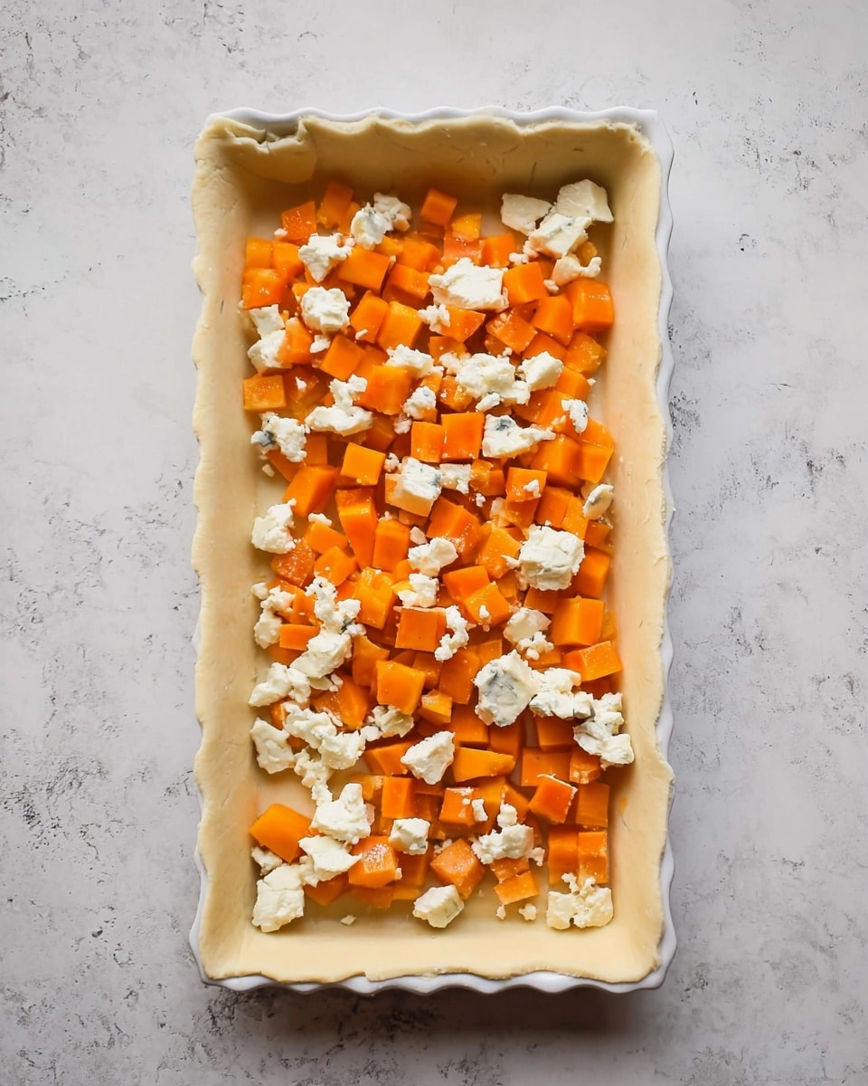 A rectangular white tart pan lined with raw pale dough folded over the edges holds a single layer of small bright orange cubes of squash spread evenly across the dough, mixed with scattered dollops of soft white cheese crumbles creating a contrast in color and texture, all set on a background with a white marbled texture photo taken with an iphone --ar 4:5 --v 7