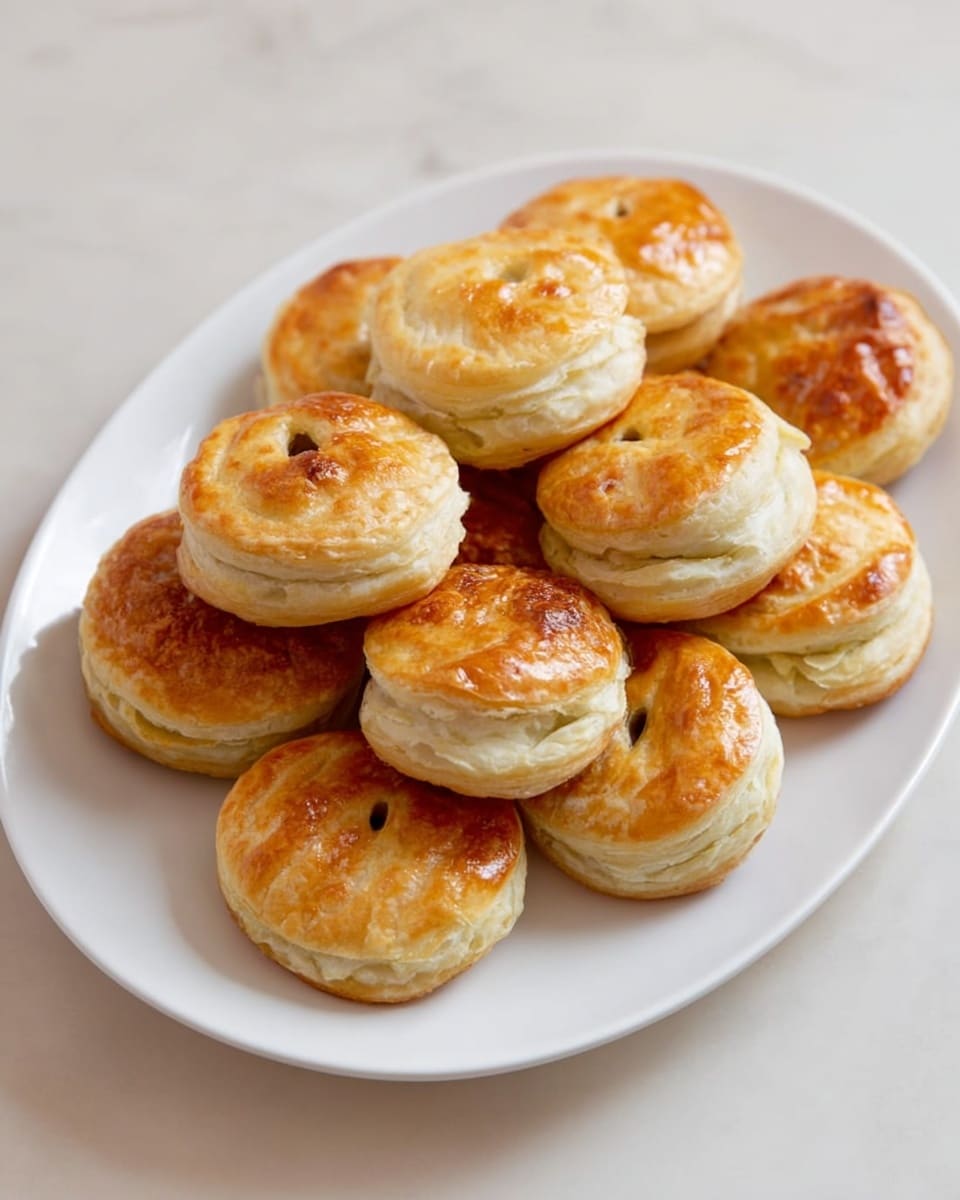 A white oval plate is filled with about a dozen small, round puff pastries stacked on top of each other. Each pastry has three visible layers: a golden-brown shiny top layer with a small vent hole in the center, a middle layer with a pale cream color showing flaky texture, and a bottom layer matching the top's golden brown. The pastries have a slightly uneven surface, indicating a light, crispy crust. The plate sits on a white marbled texture background. photo taken with an iphone --ar 4:5 --v 7