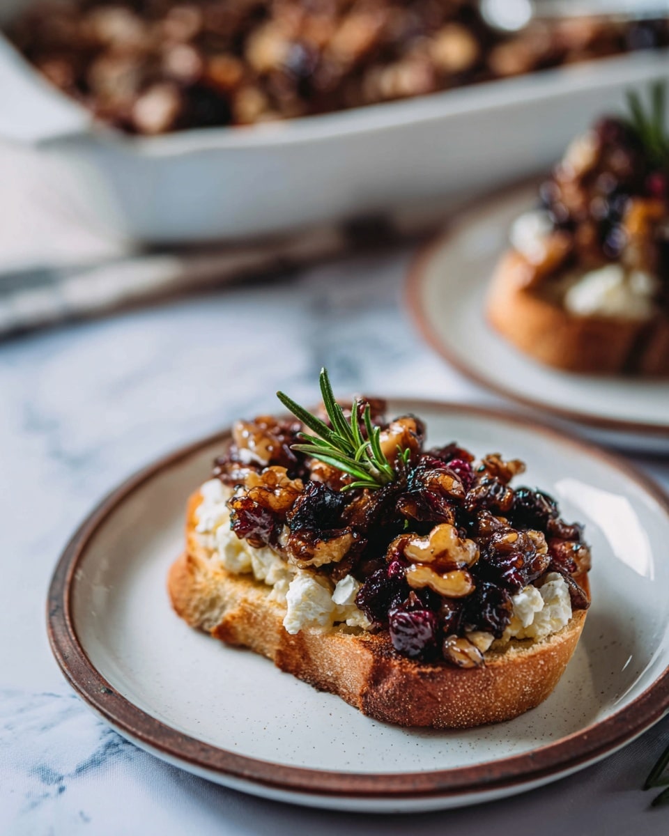A toasted bread slice sits at the bottom as the first layer, with a golden brown, slightly crisp texture. On top of the bread, there is a soft white cheese layer that looks creamy and crumbly. The third layer includes a mix of nuts and dark dried fruits, with rich brown and deep purple colors creating a chunky texture. The dish is garnished with a small sprig of green rosemary placed on top. It is all served on a white plate with a thin brown edge, set against a white marbled surface. In the background, there is a white dish filled with more of the nut and fruit mix. Photo taken with an iphone --ar 4:5 --v 7