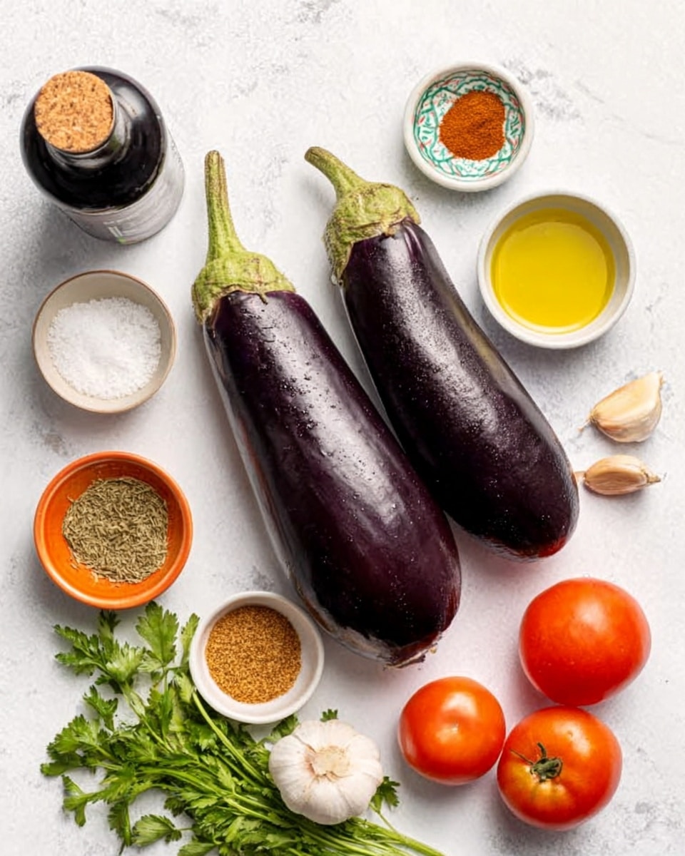 The image shows two whole eggplants placed side by side on a white marbled surface, surrounded by various small bowls and ingredients. Around the eggplants, there is a small white bowl with coarse salt, a white bowl with olive oil, and an orange bowl with ground spices. Fresh garlic cloves and a bunch of green herbs lie nearby, along with some fresh tomatoes in the corner. A dark bottle with a cork is also partially visible at the top left. Everything is arranged neatly, showing a mix of deep purple, green, red, orange, and white colors. Photo taken with an iphone --ar 4:5 --v 7