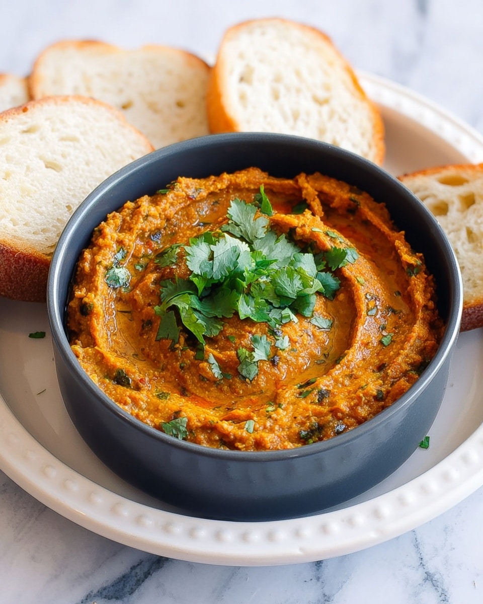 A bowl filled with thick, orange-brown dip with some green flecks, swirled on top and garnished with fresh green cilantro leaves in the center. The bowl is dark gray and placed on a white plate with raised edges, which sits on a white marbled surface. Two slices of light, crusty white bread are leaning behind the bowl, and part of another plate with bread slices is visible in the top right corner. photo taken with an iphone --ar 4:5 --v 7