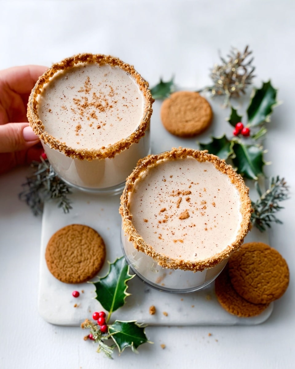 The image shows two white glasses filled with a light brown creamy drink topped with small sprinkles of spice. Each glass is rimmed with crushed cookies, and the drinks sit on a white marble surface. Around the glasses, there are whole round brown cookies and green holly leaves with red berries scattered casually. A woman's hand holds the edge of the left glass. The scene is bright and fresh, with a clean winter feel. photo taken with an iphone --ar 4:5 --v 7