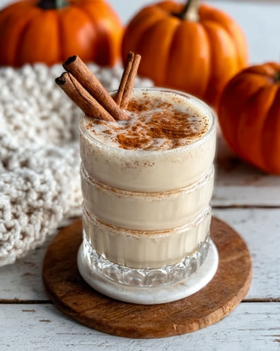 The image shows a clear glass filled with a creamy, light beige drink that looks thick and smooth. The glass has three rounded layers separated by small indentations. On top of the drink, there is a sprinkle of brown powder, likely cinnamon, and two cinnamon sticks stick out from the center. The glass sits on a white round coaster on a wooden surface, with a textured white towel and orange pumpkins blurred in the background, all placed on a white marbled texture. photo taken with an iphone --ar 4:5 --v 7