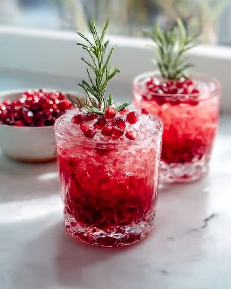 The image shows two clear glasses filled with a bright red crushed ice drink. Each glass has a layer of small red pomegranate seeds floating on top, and a sprig of green rosemary stands upright in each glass. In the background, there is a small white bowl filled with more red pomegranate seeds. All items are placed on a white marbled surface with soft natural light coming from the window behind. photo taken with an iphone --ar 4:5 --v 7