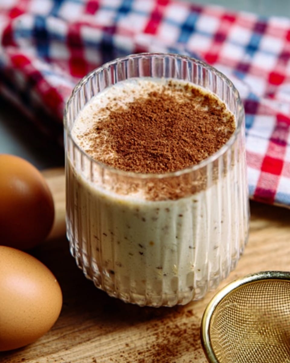 The image shows a clear glass filled with a creamy beige mixture topped with a dusting of brown powder. The glass is on a wooden surface with two brown eggs placed to the left, and a small gold mesh strainer on the right. The background has a red, white, and blue checkered cloth slightly blurred. The mixture inside the glass looks thick with visible specks, and the top layer has been evenly sprinkled with the powder. Photo taken with an iphone --ar 4:5 --v 7
