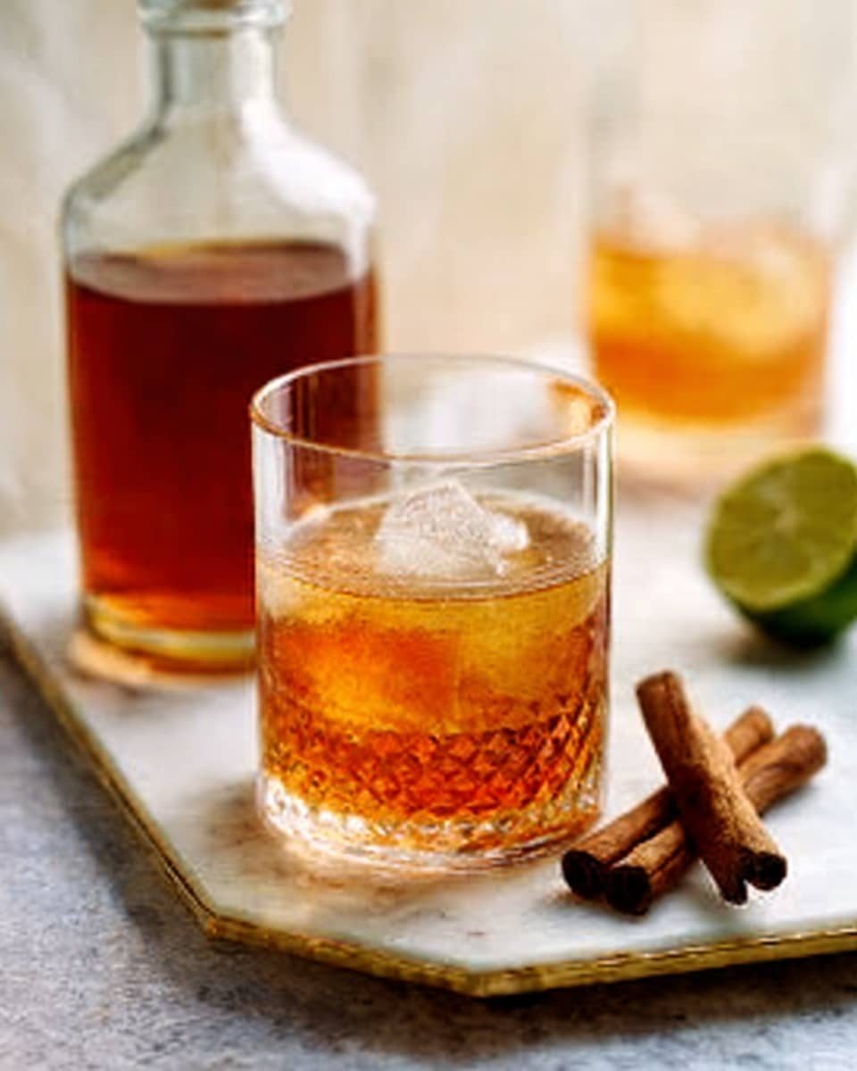 The image shows a clear glass with ice cubes and an amber-brown liquid filling the glass halfway, sitting on a white marbled tray with a subtle texture. Behind the glass, there is a bottle filled with the same amber liquid, slightly out of focus. A half lime with its textured green skin and juicy inside rests on the tray near the glass, and two cinnamon sticks lie parallel to each other on the tray to the right of the glass. The scene has soft natural light, and the overall color palette features warm brown, green, and clear glass tones on a white marbled surface. photo taken with an iphone --ar 4:5 --v 7