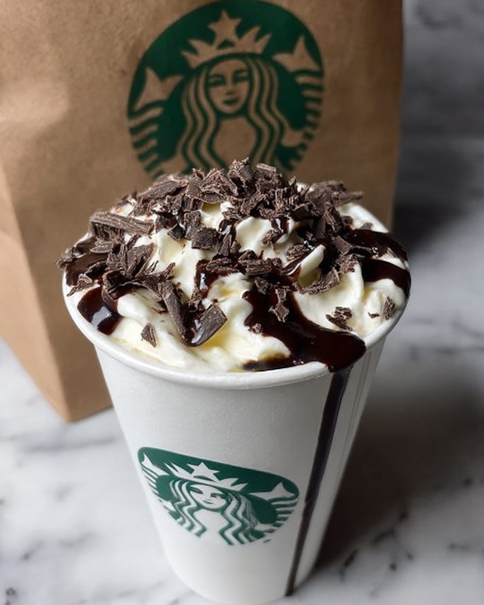A white Starbucks cup filled with a drink topped with a thick layer of whipped cream that looks soft and fluffy. On top of the whipped cream are dark brown chocolate curls, scattered evenly, and thick streams of dark chocolate sauce drizzled over the whipped cream and curls. The cup sits against a white marbled surface and a brown Starbucks paper bag with the green Starbucks logo is in the background. photo taken with an iphone --ar 4:5 --v 7