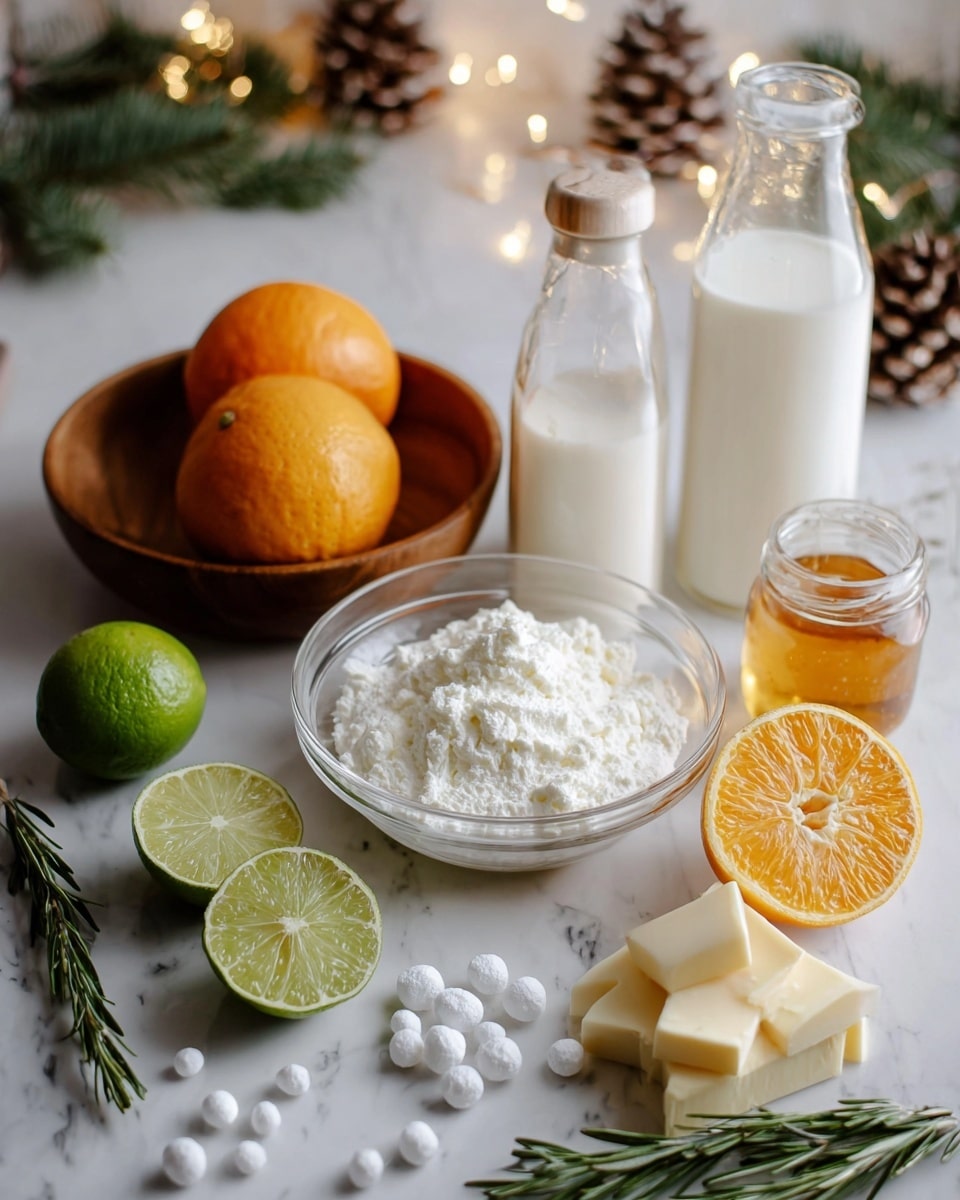 The image shows several ingredients arranged on a white marbled surface. There are three whole oranges and a halved lime placed in a round wooden bowl on the left side. Below the bowl are two lime halves, a sprig of fresh rosemary, and several small white spheres sprinkled around. In the center is a clear glass bowl filled with a white, fluffy, textured mixture. To the right of the bowl is a halved orange, a few pieces of pale yellow cheese, and a small jar of golden honey. Behind these items, there is a glass bottle of clear liquid with a white cap and a glass jug filled with white milk. In the background, there are blurred pinecones, pine branches, and small warm fairy lights. The whole scene has a bright and fresh appearance. photo taken with an iphone --ar 4:5 --v 7