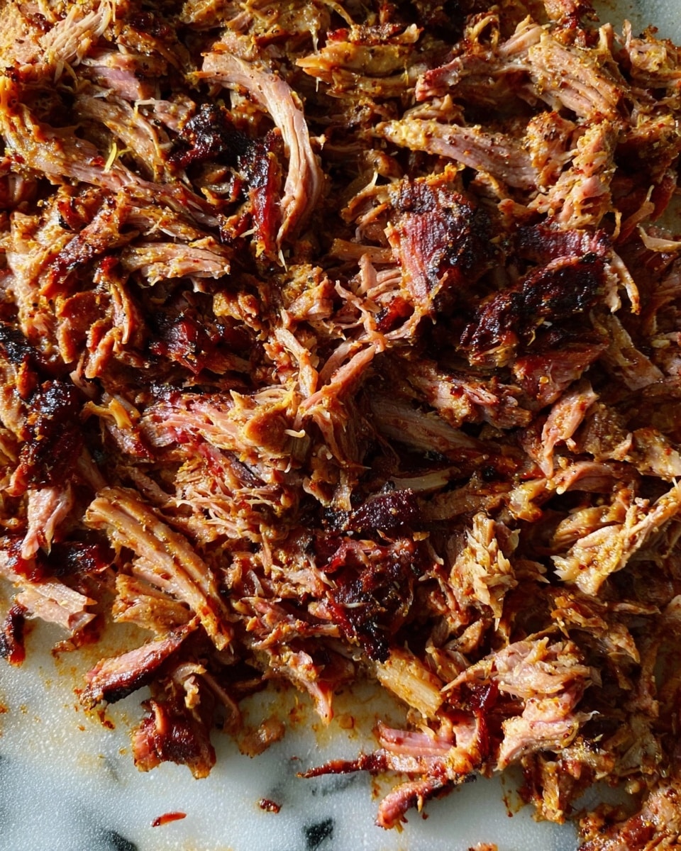 The image shows a close-up of many pieces of cooked shredded meat spread out on a white marbled surface. The meat has a mix of dark brown, light brown, and reddish colors with some crispy and slightly charred edges. The texture looks tender and fibrous with small bits clumped together unevenly across the surface. The lighting gives the meat a glossy appearance, showing its juiciness and variations in color and texture. Photo taken with an iphone --ar 4:5 --v 7