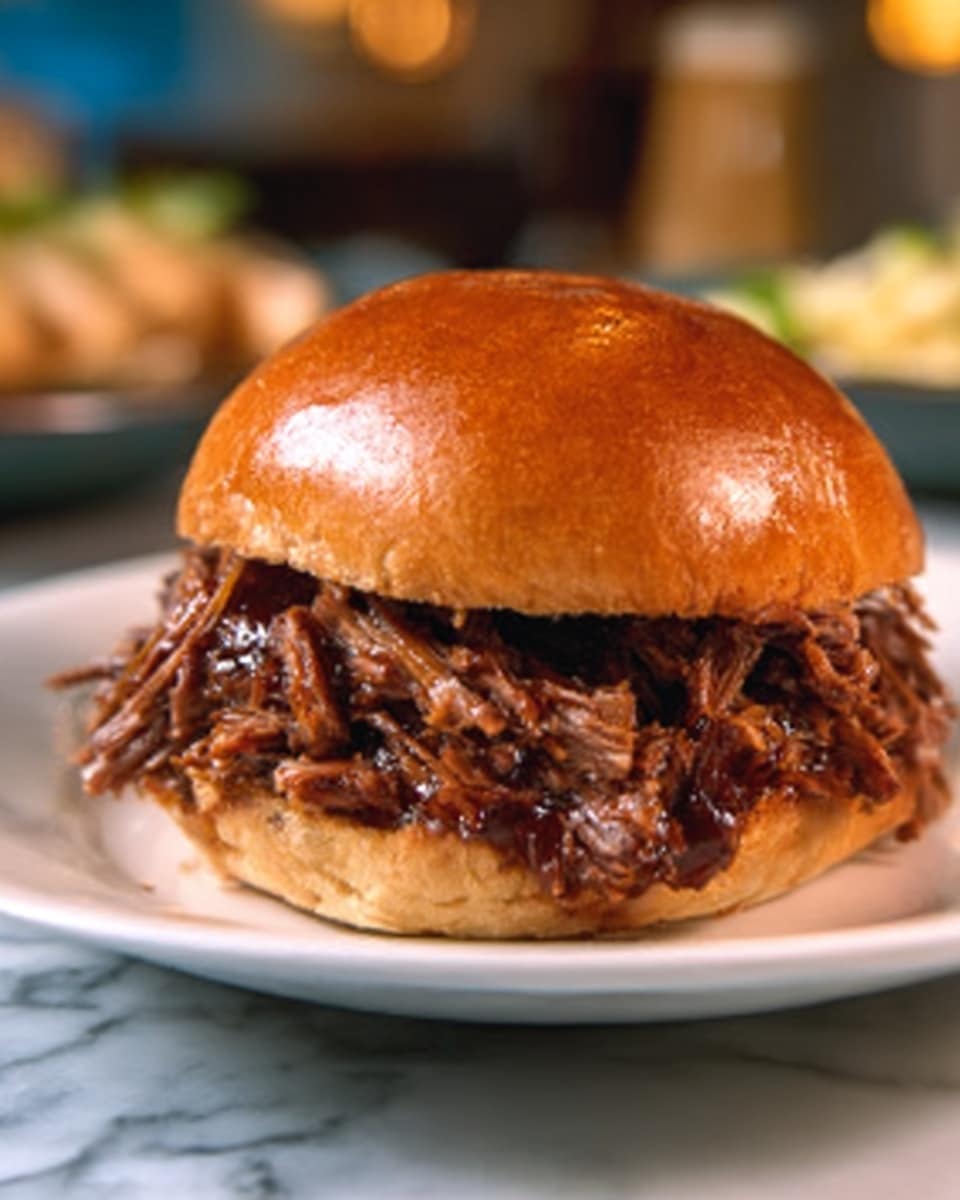 A close-up view of a sandwich with a glossy, soft round bun on top and pulled meat with a rich, dark brown color and moist texture layered thickly underneath. The sandwich is placed on a white plate, set on a white marbled surface with some blurred background elements. photo taken with an iphone --ar 4:5 --v 7
