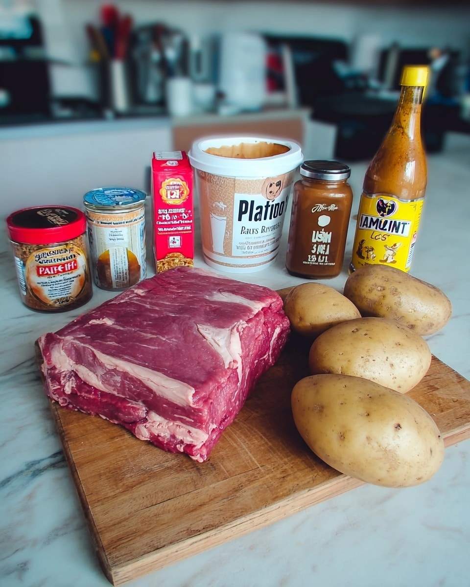 The image shows raw beef with meat layers in red and white colors placed in the center on a wooden board. To the right of the beef are three light brown potatoes, smooth with small patches and eyes. Behind the beef and potatoes, there are five containers of ingredients: a white tub with a red curry paste label, a red and white box labeled dark muscovado sugar, a jar of smooth peanut butter in a golden lid jar, and a bottle of fish sauce with a yellow label and dark liquid inside. The setup is on a white marbled surface with kitchen appliances in the background. photo taken with an iphone --ar 4:5 --v 7
