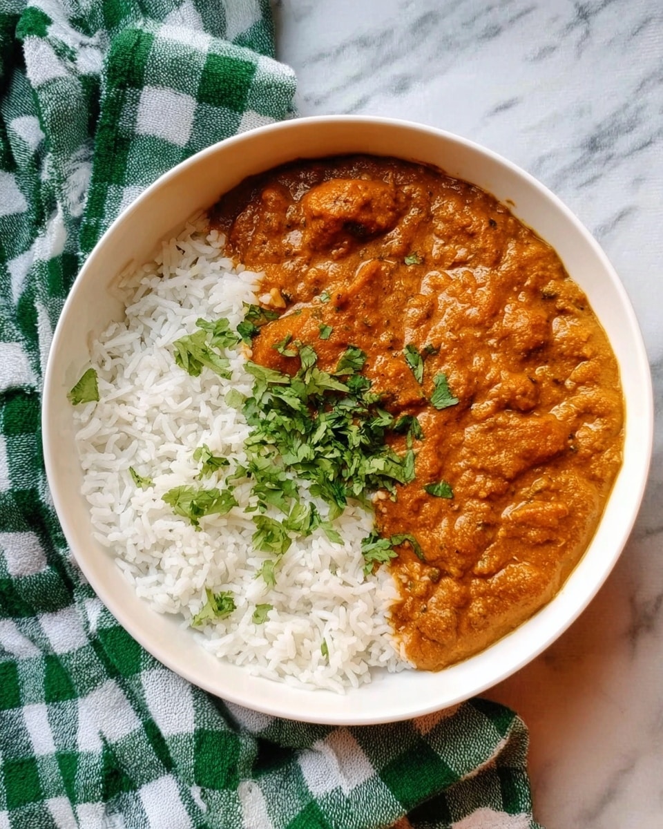 A white bowl shows two halves inside: on the left, a thick orange-brown curry with visible chunks, and on the right, fluffy white rice with a few sprigs of green cilantro on top near the curry. The bowl sits on a white marbled surface with a green and white checkered cloth partially under it. Photo taken with an iphone --ar 4:5 --v 7