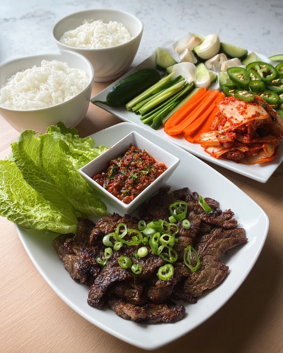 A white bowl filled with grilled meat slices, dark brown with slightly charred edges, topped with thinly sliced green onions scattered across the surface. Behind it, a white plate holds fresh vegetable slices arranged in separate groups: bright orange carrot sticks, light green cucumber sticks, dark green jalapeño slices, green onion pieces, whole peeled garlic cloves, and large green lettuce leaves. In the center of the plate, a small white square dish contains a chunky red sauce garnished with small green herbs. To the side, there are two white bowls, one filled with fluffy white rice and the other with pieces of red kimchi topped with thin green onion slices. The setting features a light wooden table with a white marbled texture as background. Photo taken with an iphone --ar 4:5 --v 7