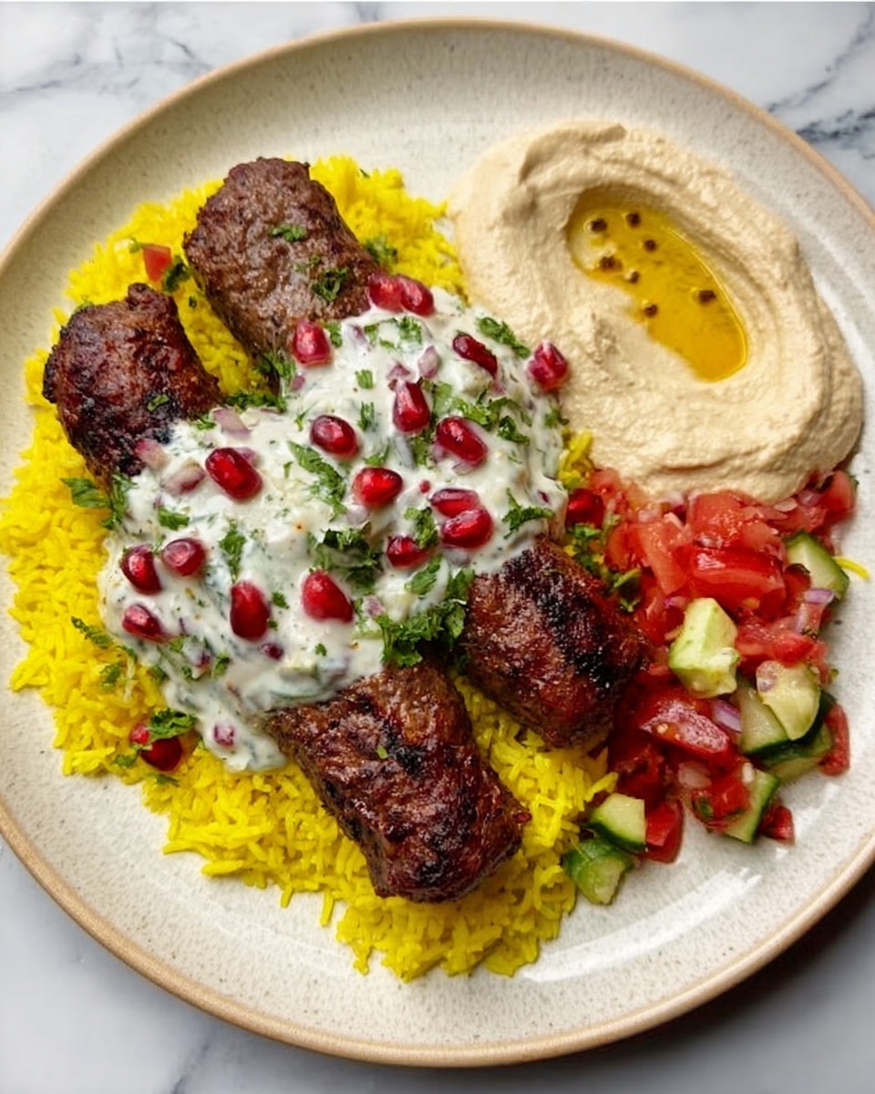 A white plate with two long, dark grilled meat pieces placed side by side in the center, topped with a thick layer of white sauce with small green and red bits, sprinkled with bright red seeds. To the left, there is a yellow rice layer that looks fluffy. On the top right of the plate, there is a smooth, pale beige hummus layer with a small well of olive oil or sauce in the center. At the bottom right, there is a colorful salad made of chopped red tomatoes, white onions, and light green avocado pieces. The dish is placed on a surface with a white marbled texture. Photo taken with an iphone --ar 4:5 --v 7
