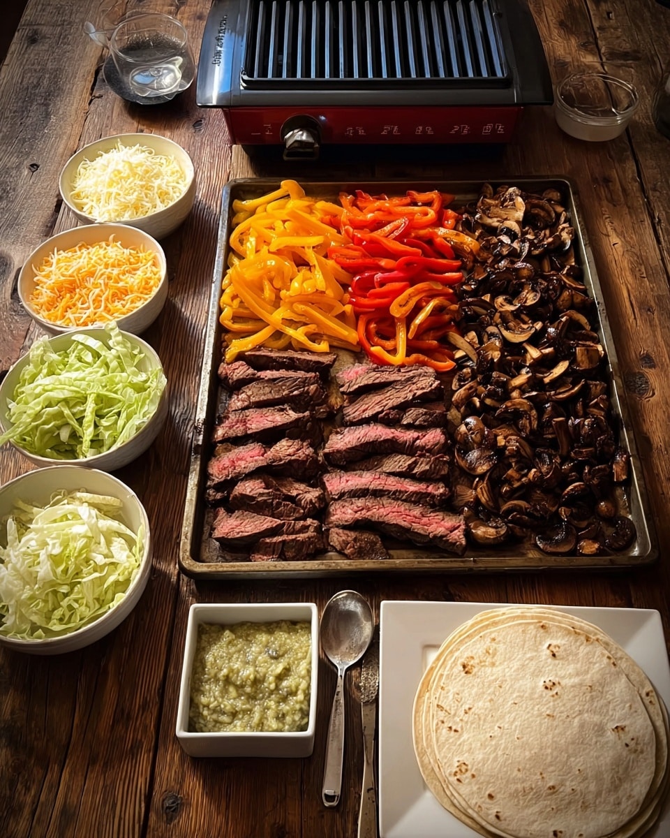 A large rectangular metal tray holds four main layers arranged side by side: on the bottom left are medium-rare sliced steak pieces showing shades of dark brown crust and pink inside; to the right of the steak are dark brown sautéed mushrooms with a glossy texture; above the steak is a colorful pile of cooked strips of yellow, orange, and red bell peppers with a shiny surface; next to the peppers, on the top right, are more sautéed mushrooms. Surrounding the tray are several white dishes and bowls: to the left, a bowl with shredded light yellow and orange cheese, a bowl of shredded light green lettuce, and a white square dish with white creamy sauce. At the bottom center is another white square dish holding a textured greenish dip or sauce with a spoon. To the right is a white square plate with folded flour tortillas alongside a set of metal tongs. Behind the tray is an electric grill with a red grill pan. The entire setup is on a rustic wooden table surface. Photo taken with an iphone --ar 4:5 --v 7